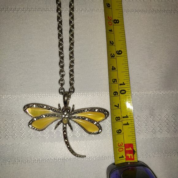 DragonFly Bug Necklace Costume Jewelry Yellow Silver Tone Good Luck Rhinestones - Picture 4 of 11